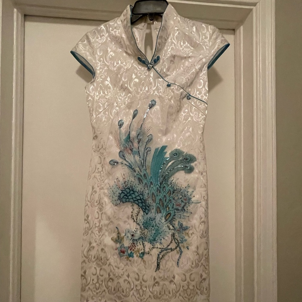 Elegant White and Blue Embroidered Dress